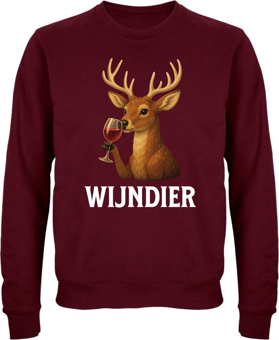 Sweatshirt bordeaux avec un cerf tenant un verre de vin rouge. Texte : WIJNDIER.