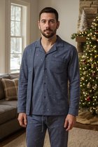 Heren pyjama - klassieke heren pyjama's met doorknoop - katoen - blauw-grijs- - maat S/M - winter pyjama- winterpyjama heren - knoopsluiting