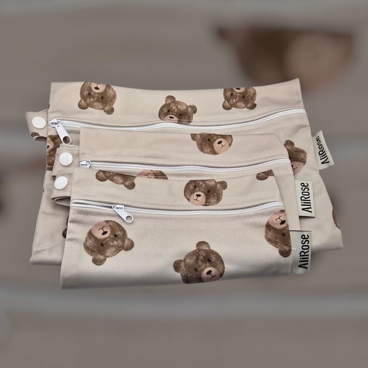 AliRose – Waterdichte Luiertasjes & Opbergtasjes – Set van 3 – Handig voor onderweg, luiers, doekjes & babyspulletjes – Beertjes