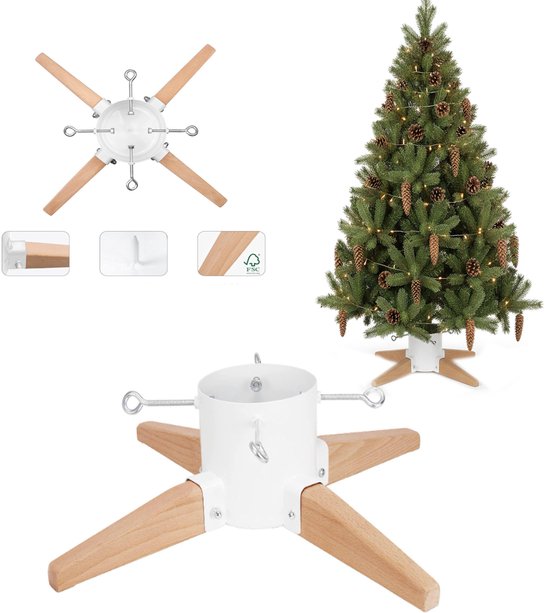 COIL Kerstboomstandaard, Kerstboom basis, Rustiek onderstel, waterniveau-indicator, Met waterreservoir van 1,3L, diameter tussen 3 en 11 cm, geschikt voor kerstbomen tot 250 cm hoog, Metaal/Beukenhout, Breedte: 66 cm, Wit