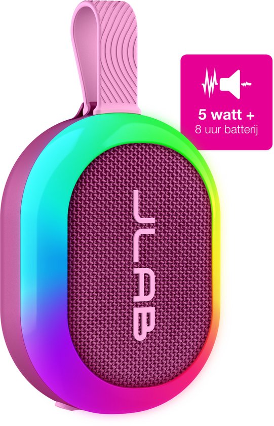 JLab Pop Mini Bluetooth Speaker Draadloos Roze – Draagbaar, 5W, 8 uur batterij, IPX5 waterdicht, RGB-verlichting