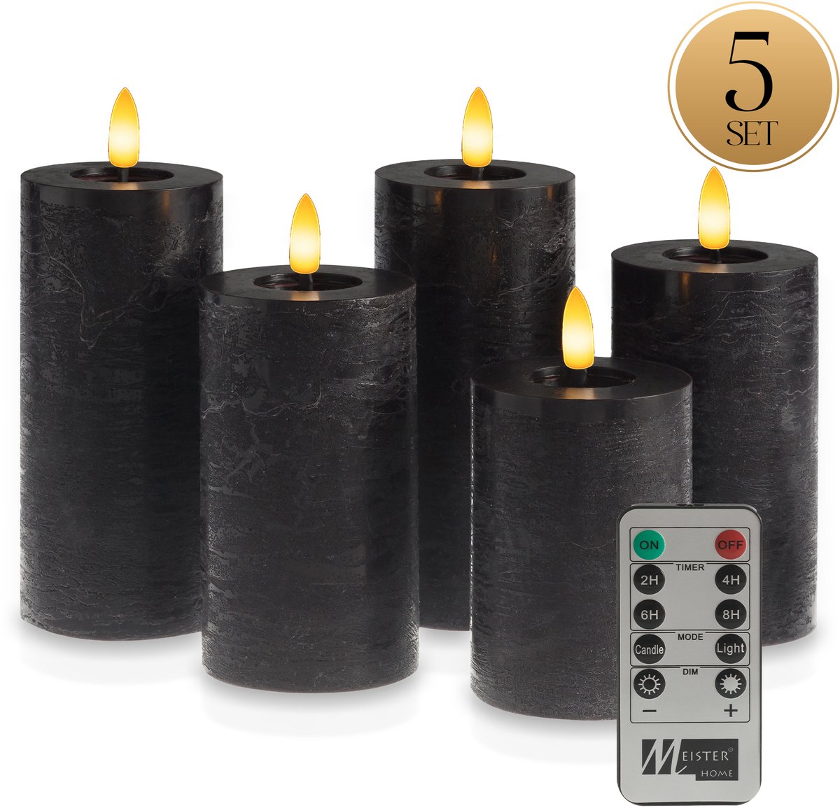 Meisterhome LED Kaarsen 5-delige Set Zwart – Vlamloos & Flikkerend Licht – Met Afstandsbediening & Timer – Batterijverlichting – Ø7 cm, Hoogte 10/12,5/15 cm – Rustiek Design – Warm Wit Licht