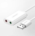 Witte USB-naar-audio adapter met een rode en groene aansluiting. Ugreen logo op de adapter en de kabel.