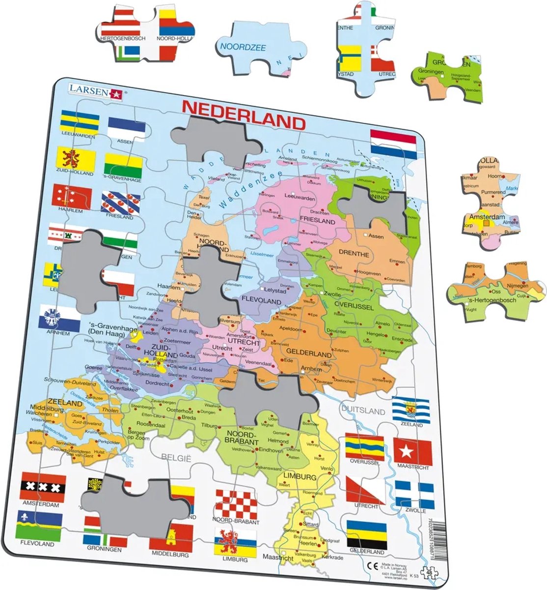 Larsen Nederland met provincies en vlaggen – Puzzel – Kaarten & Geografie – Nederland – Educatieve legpuzzel voor kinderen – 48 stukjes – Gemaakt in Noorwegen – Extra dikke 2,5 mm stukjes – Tray met vaste rand — afbeelding 3