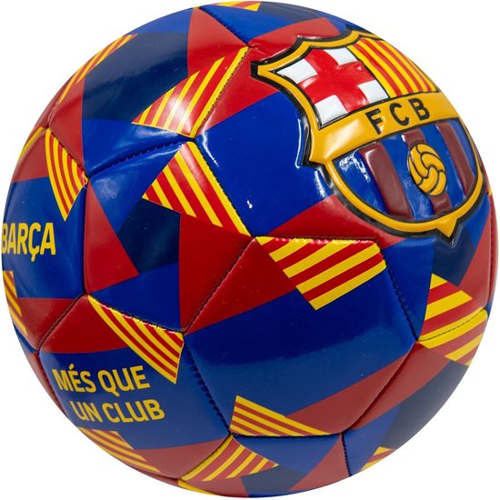 Voetbal met abstract patroon in rood, blauw en geel. FC Barcelona logo.
