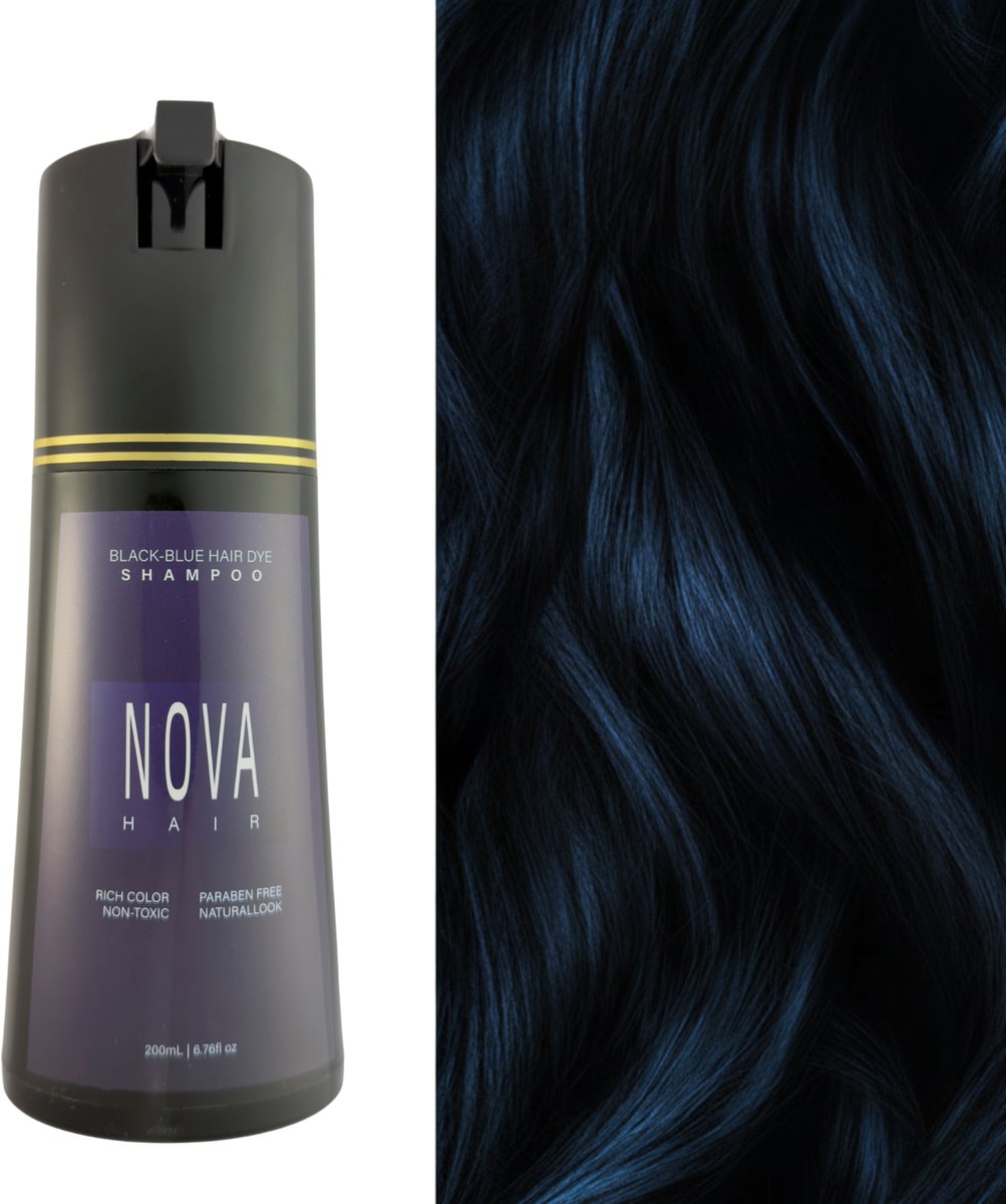 Nova Hair Instant Dye Shampoo Black Blue - Rijk aan Natuurlijke Extracten - Dekking voor Grijs Haar - Kleur Shampoo voor man en vrouw - NovaHair - Nova Hair Shampoo Black Blue - 200 ml