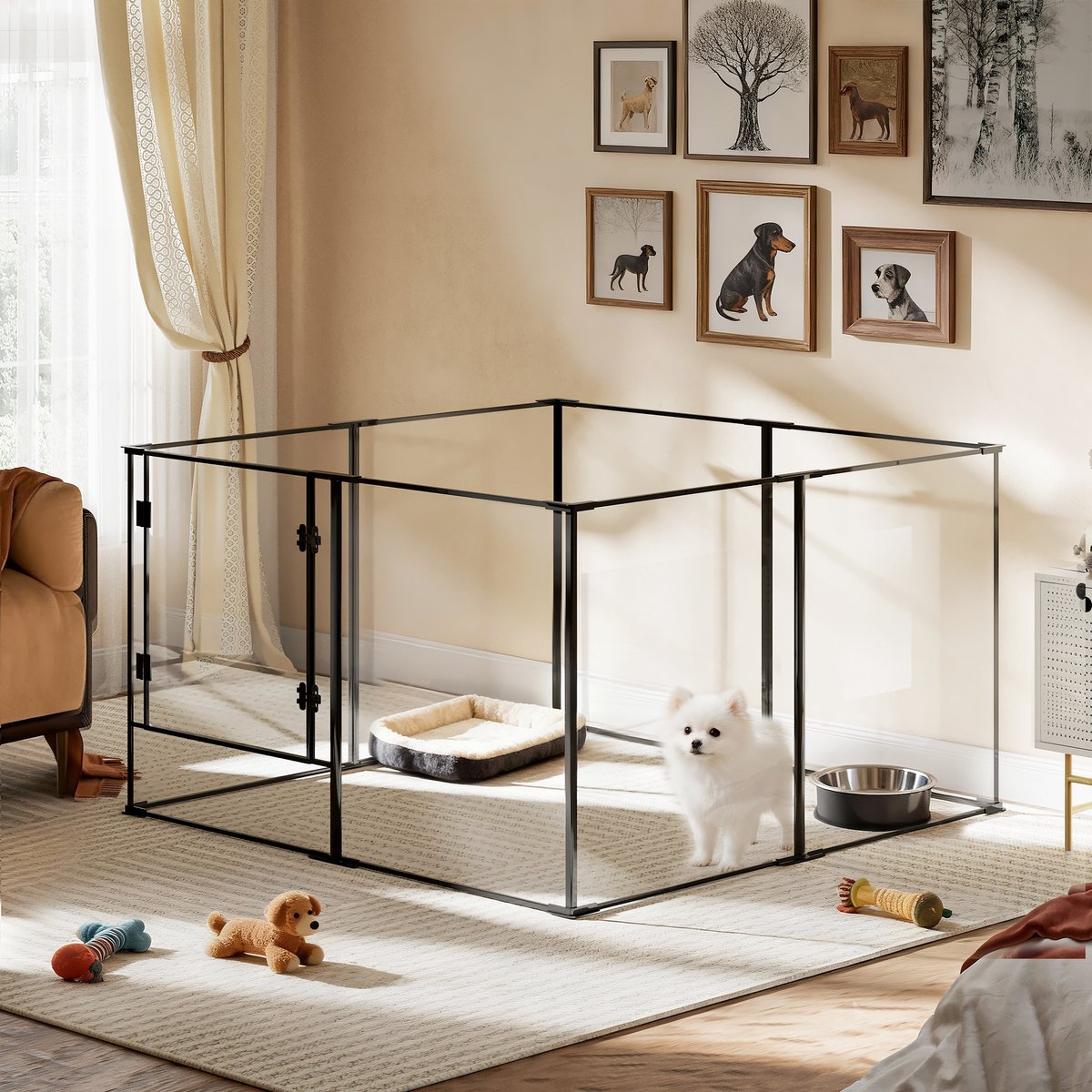 BingoPaw Transparente Acryl Hondenren met Deur - Sterk Aluminium Frame - Binnenren Puppyren voor Kleine Honden Katten Konijnen - 122x122x76.5cm - Zwart