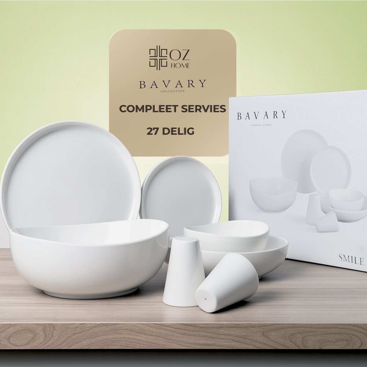 OZ HOME BAVARY Smile Serviesset 27-Delig - Porselein - Wit - Golfvormig Design - 6-Persoons - Vaatwasser & Magnetronbestendig