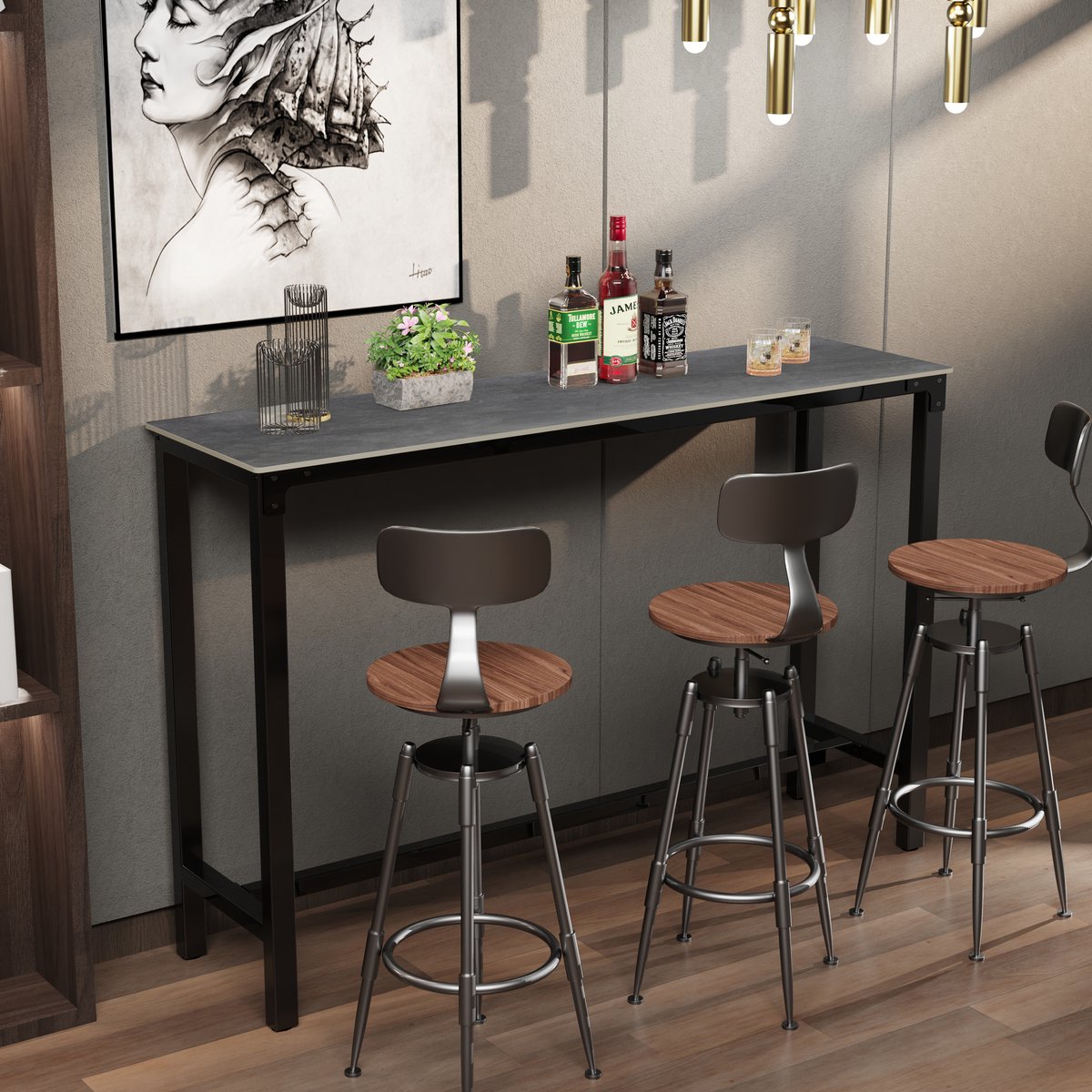 Bartafel, moderne keukentafel met opbergplanken, industriële eetkamer