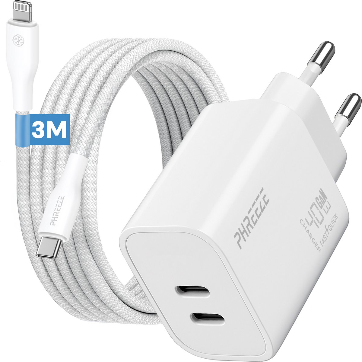 Phreeze usb C oplader met kabel geschikt voor iPhone en iPad met Lightning kabel 3 meter - Power Delivery snellader met 2 usb C poorten