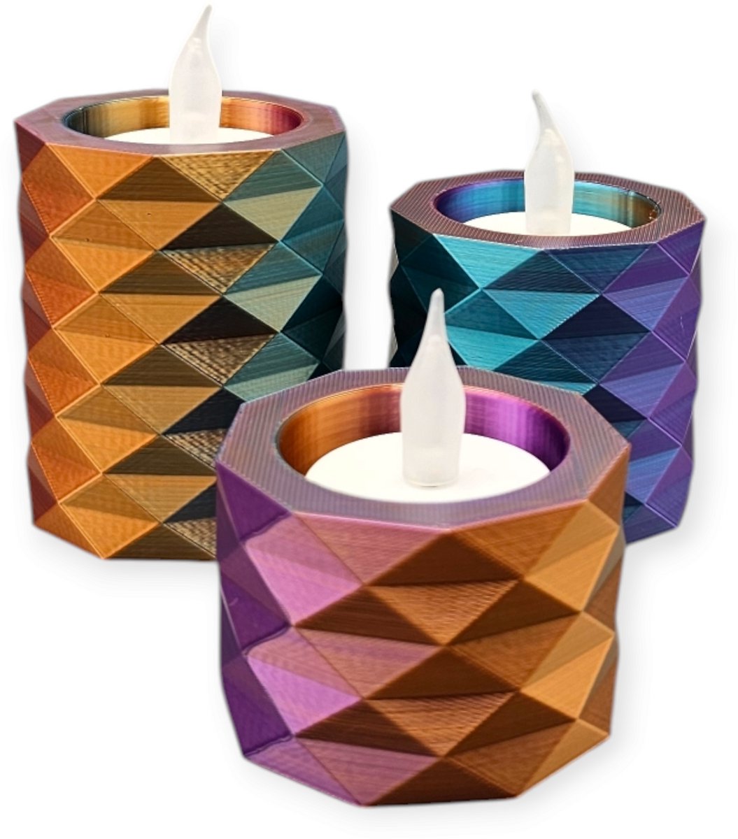Layerzz - 3D-geprinte waxinelichthouders met LED lichtjes – moderne sfeerverlichting (niet geschikt tegen hitte) - set van 3 - meerkleurig goud blauw paars