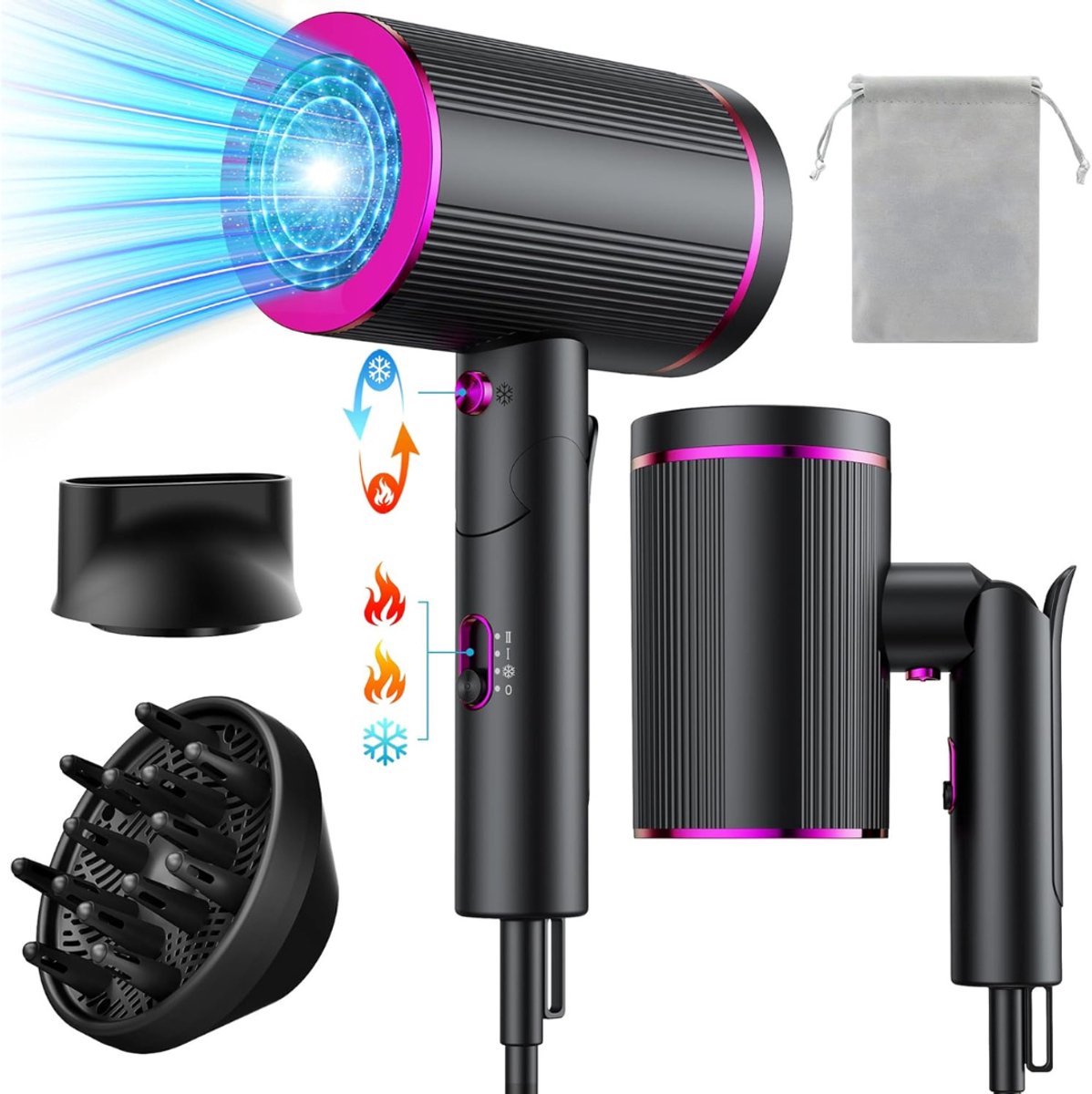 Thuys – Fohn met Diffuser - Haardroger Krullen - Haarfohn - Fohnborstel - Zwart en Paars