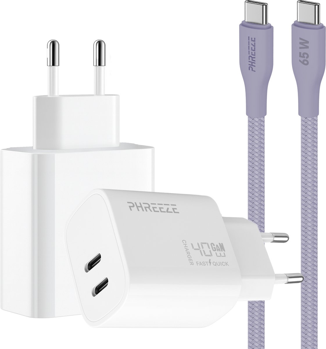 Phreeze usb C snellader 40 W - Met paarse usb C kabel - Power Delivery oplader met 2 usb C poorten - en Laptop