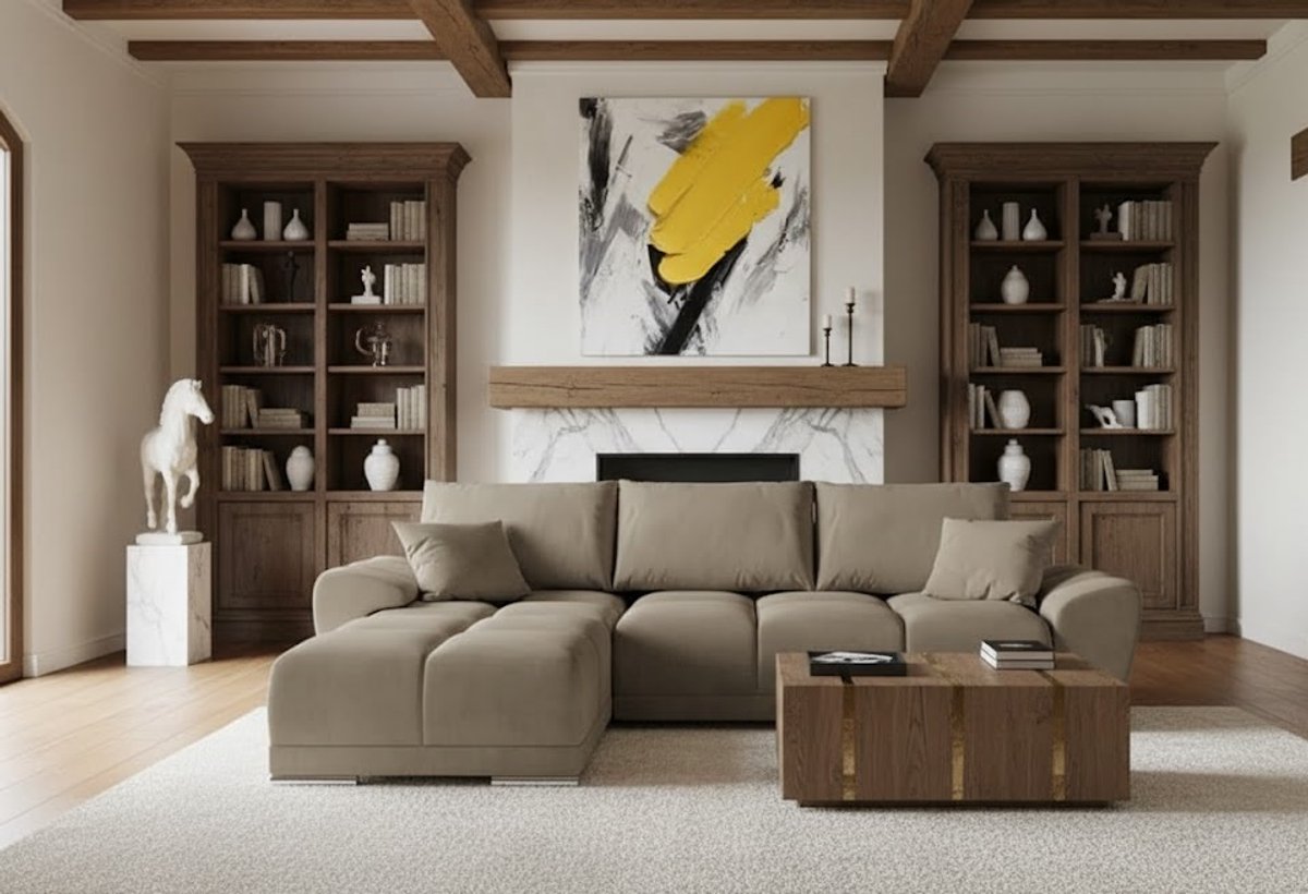 L-Vormige Fluwelen Hoekbank met Slaapfunctie en Opbergruimte – Luxe Uittrekbare Slaapbank 289x189 cm met Kussens – Comfortabele Beige Hoekbank met Bedfunctie – CollFeel Schuim – Ganeey