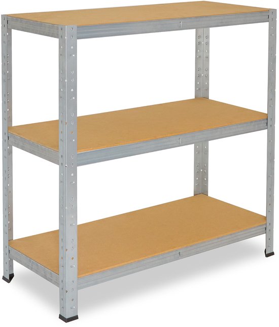 Verzinkte stellingkast met drie houten planken, schuin van voren gezien, op witte achtergrond.
