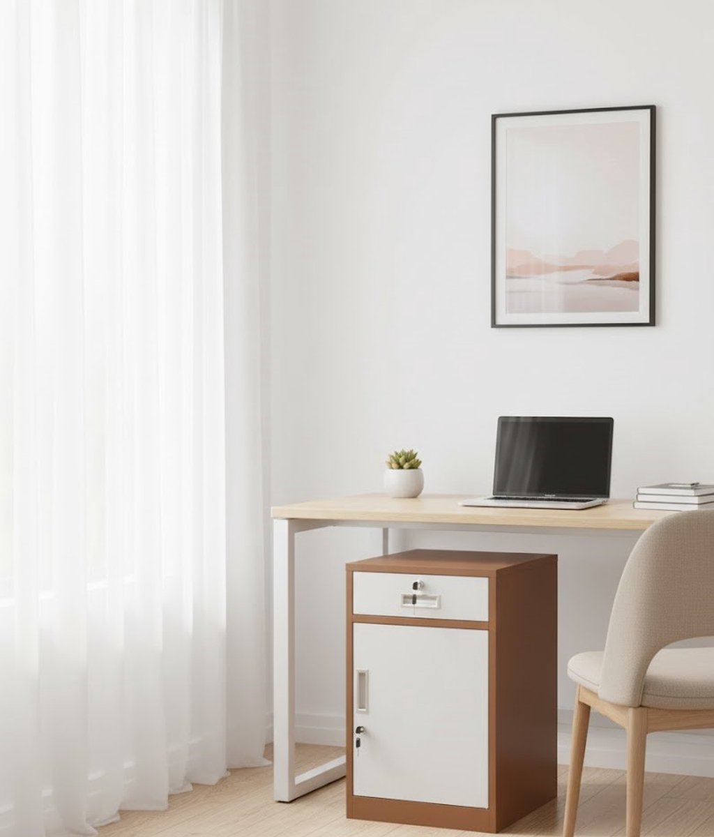 Afsluitbare Mobiele Archiefkast Bruin – Verstelbare Planken & 1 Lade – Veilig Opbergen van Documenten, Kantoorbenodigdheden en Printer – Robuuste Stalen Opbergkast voor Thuiskantoor en Werkruimte