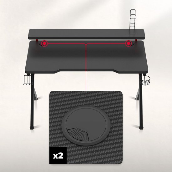 Gaming Bureau - Werkstation Tafel - Comfortabel Werken - Monitoropzetstuk - 120 x 60 cm - Rood — afbeelding 4