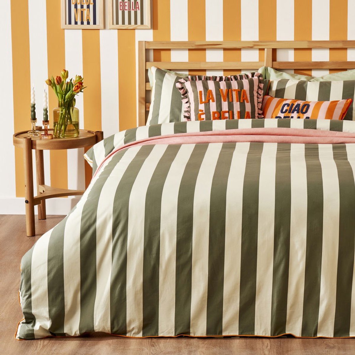 100% Katoen Line Eenpersoons Dekbedovertrekset met laken en kussensloop Groen (160x220 cm)