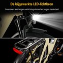 Koplamp en achterlicht van een elektrische fiets, met tekst over LED-lichtbron en groter verlichtingsbereik.