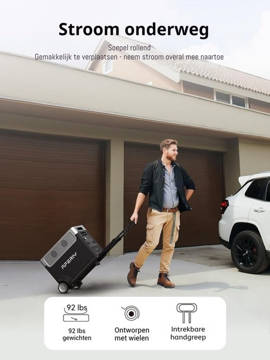 Man met koffer-stijl powerstation op wielen, naast een auto, met tekst over gewicht en handgreep.