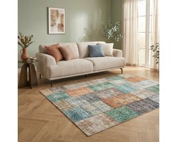 Flycarpets Burano Vintage Patchwork Vloerkleed - Multi - Groen - Oranje - Laagpolig Tapijt Woonkamer - 120x170 cm