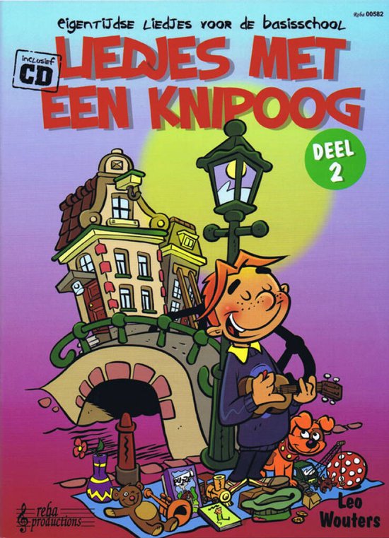 Boekomslag met 'Liedjes met een knipoog 2' CD, met illustratie van een jongen met gitaar en een hondje.