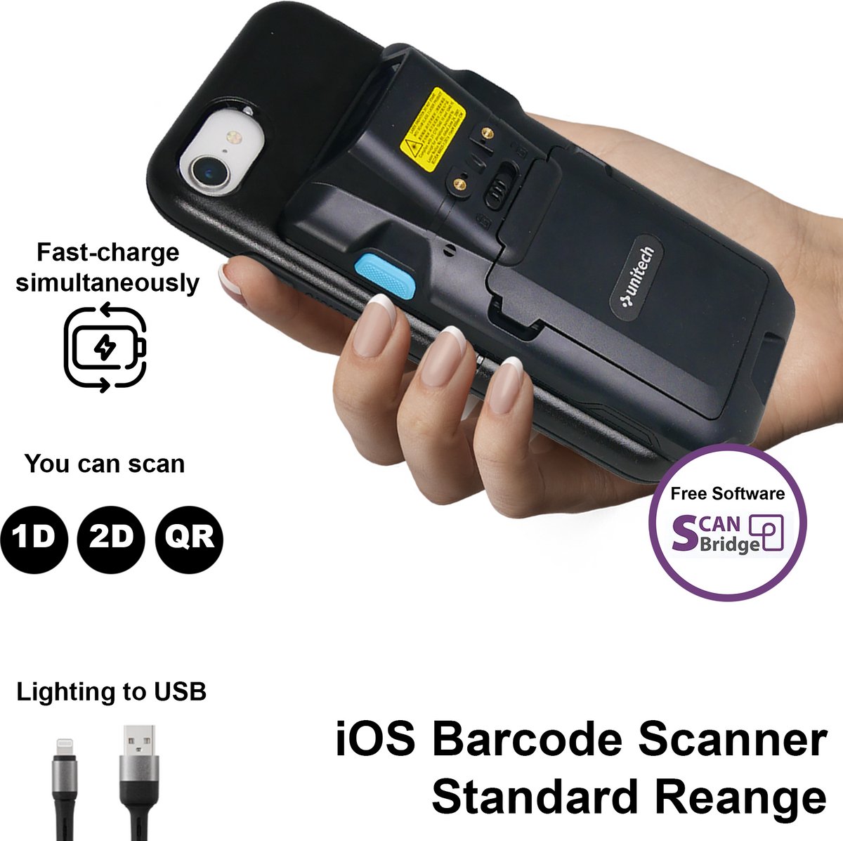 Unitech SL220 standard – 1D/2D & QR Barcode Scanner for iPhone/iPad with Lightning Connector, Easy Slide-On/Off Design, Free softwareFast Charging for Scanner & Device via USB-C, Rugged IP65, Ideal for Retail, Warehouse, Inventory and Logistics.