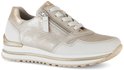 Gouden en beige leren sneaker met rits, veters en een platformzool.
