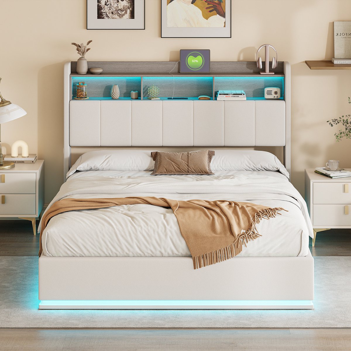 Hydraulisch Tweepersoons Opbergbed 160x200 cm Wit Fluweel met LED, USB en Bedhoofdopslag thumbnail 6