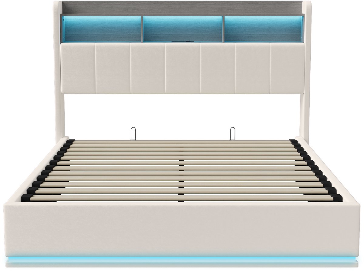 Hydraulisch Tweepersoons Opbergbed 160x200 cm Wit Fluweel met LED, USB en Bedhoofdopslag thumbnail 2