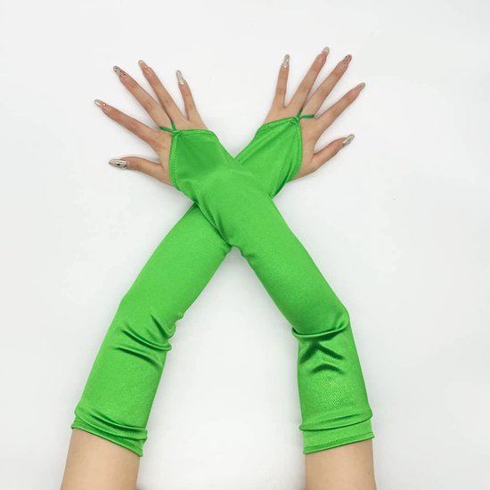Groene, glanzende lange handschoenen zonder vingers, met lusjes voor de middelvinger.