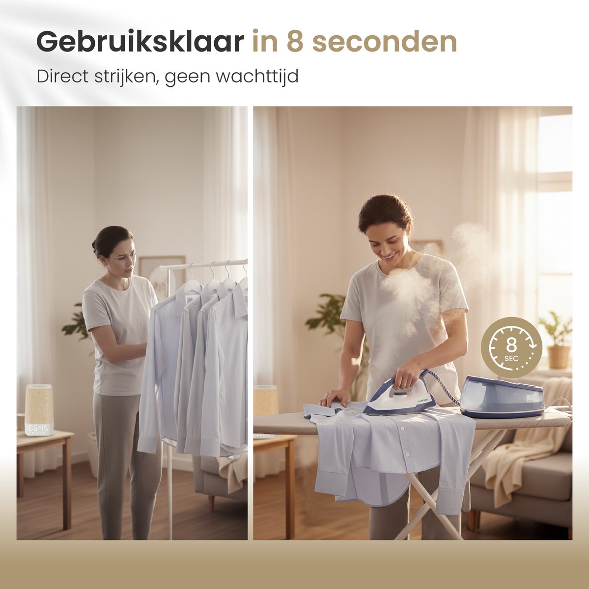 Vapore Stoomstrijkijzer met Stoomgenerator - 8 Sec Opwarmen - 2400W - 5 Bar - 2.3L Tank - 57 Min Stomen - Strijkijzer met Station - Keramische Zoolplaat — afbeelding 2