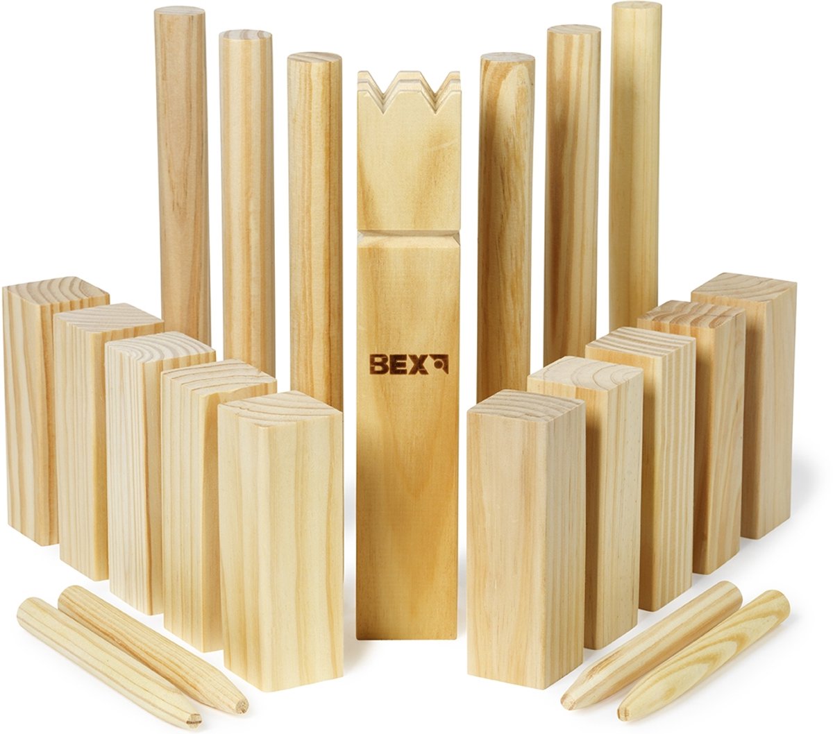 Bex Kubb Basic – Zweeds Vikingschaak – Toegankelijk Buitenspel – FSC Grenenhout – Koning Met Houtkleurige Kroon – Vanaf 8 Jaar – Inclusief Opbergnet Met Trekkoord — afbeelding 16