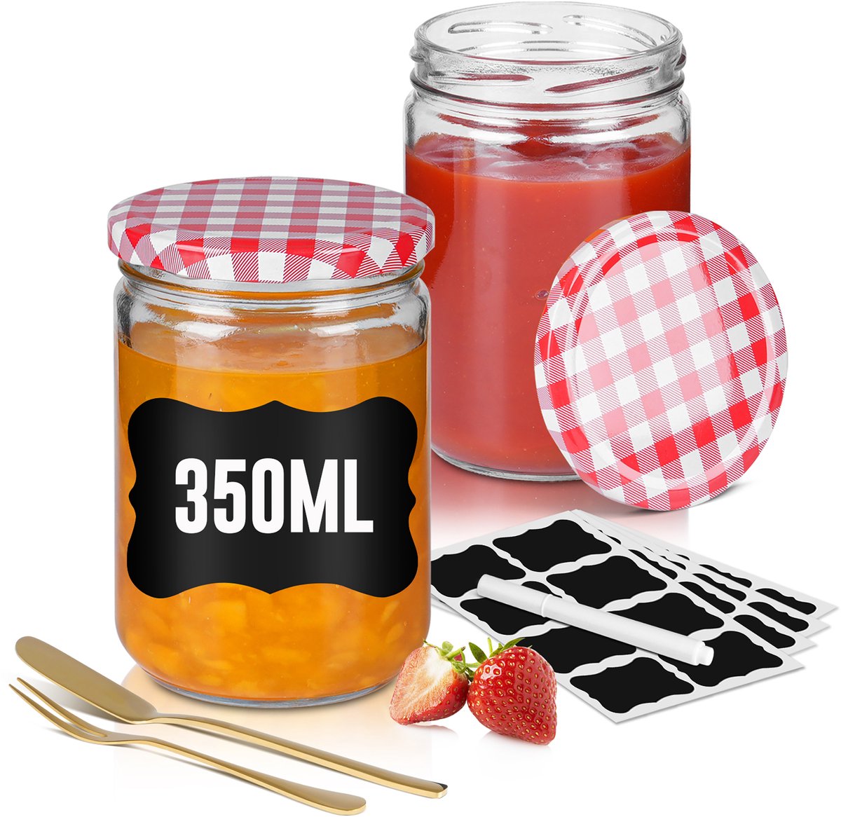 Aufun 12-delig Marmelade Potten Set - 350ml Rood-Wit Geruit - Met Schroefdeksels - Incl. Labels & Pen Voor Huisgemaakte Jam & Cadeaus