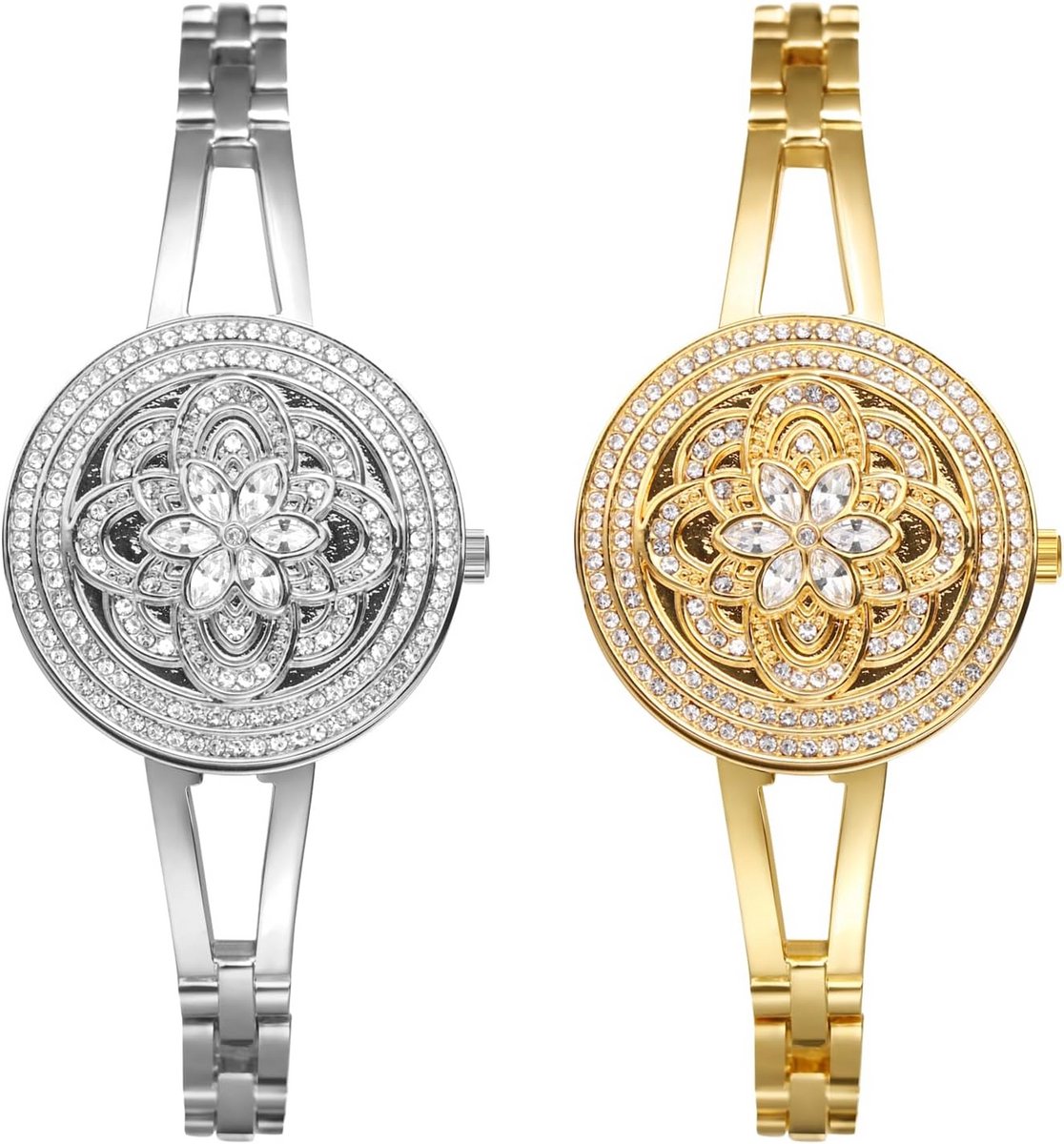 Dameshorloge Analoog met Glitter Bloem en RVS Band - Waterdicht Polshorloge