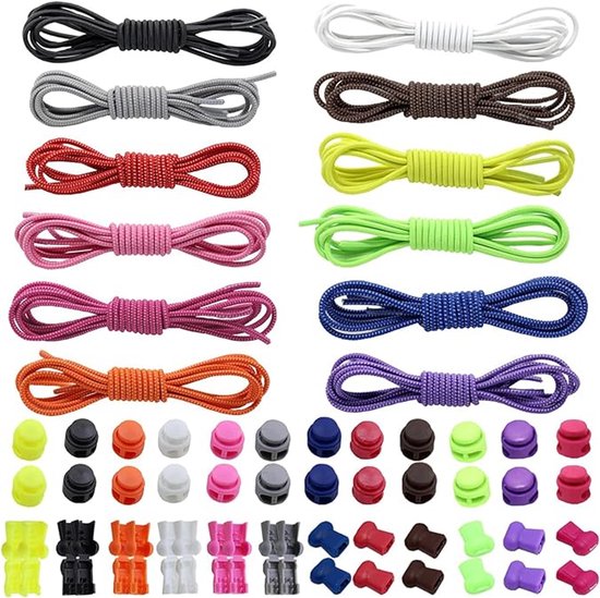 Twaalf sets van gekleurde elastische schoenveters en bijpassende snelsluiters: zwart, grijs, rood, roze, oranje, wit, bruin, geel, groen, blauw, paars.