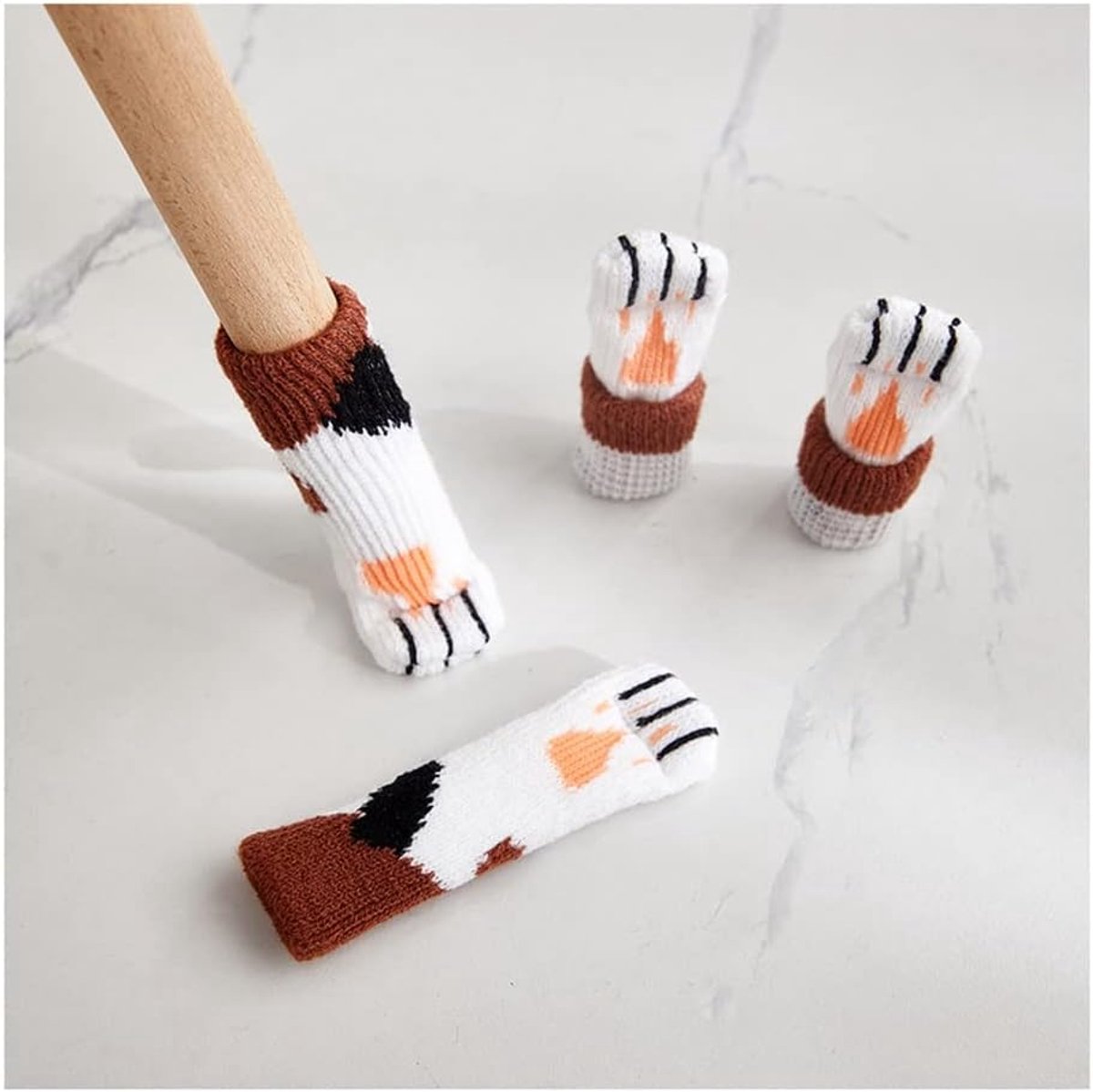Famanu – Stoelsokken - gebreid - schattig - kat - meubelsokken - anti-kras - anti-geluid - stoelpootsokken - elastische antislip sokken voor stoelpoten - stoelpootbeschermers - vloerbescherming - wit