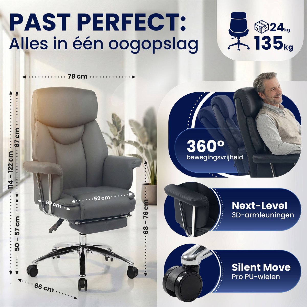 CLP Dahra Bureaustoel Ergonomisch met Voetensteun - Grijs - afbeelding 2