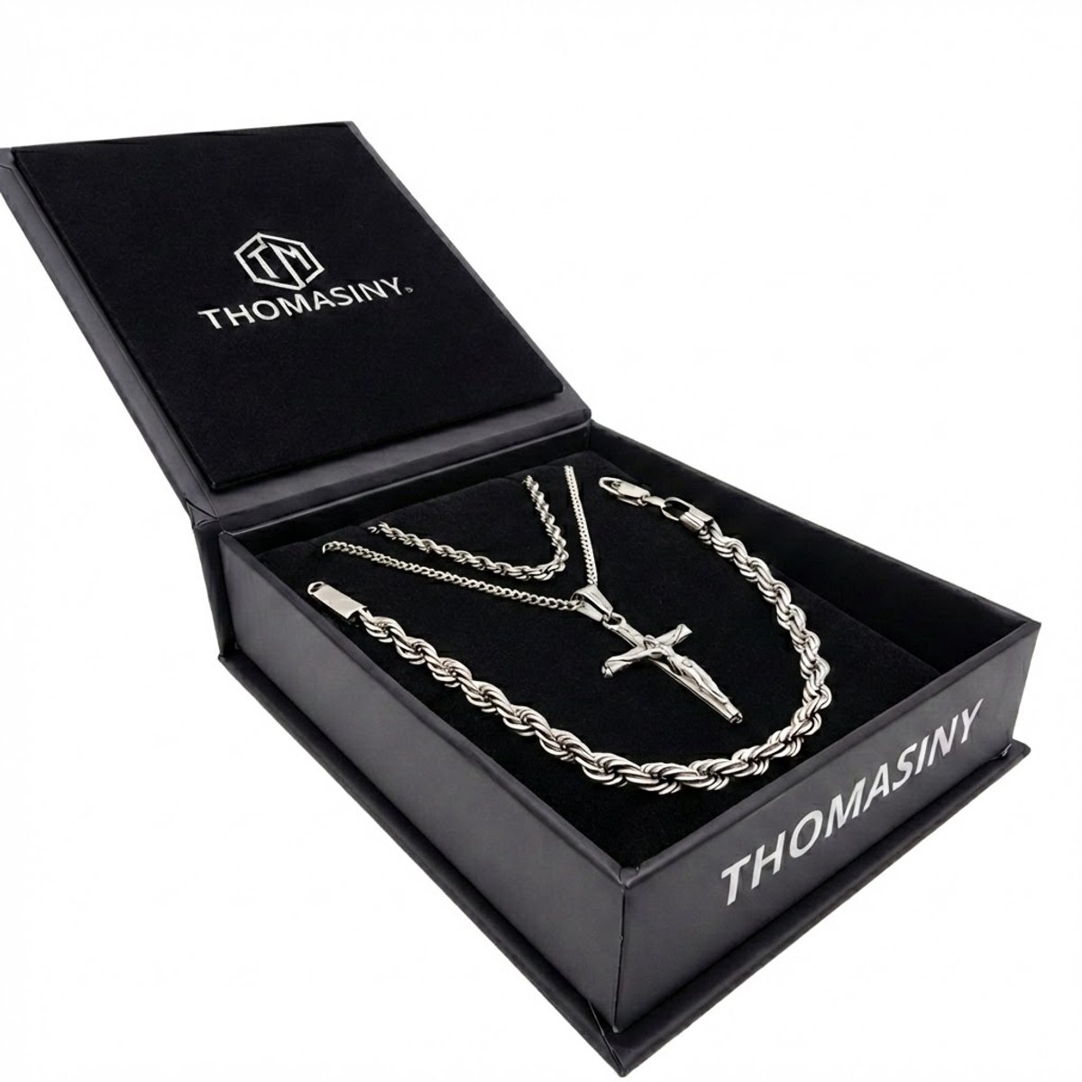 Luce Delvina Cadeauset Zilver – 3-delige Heren Sieradenset met Kruishanger en Armband – 316L RVS