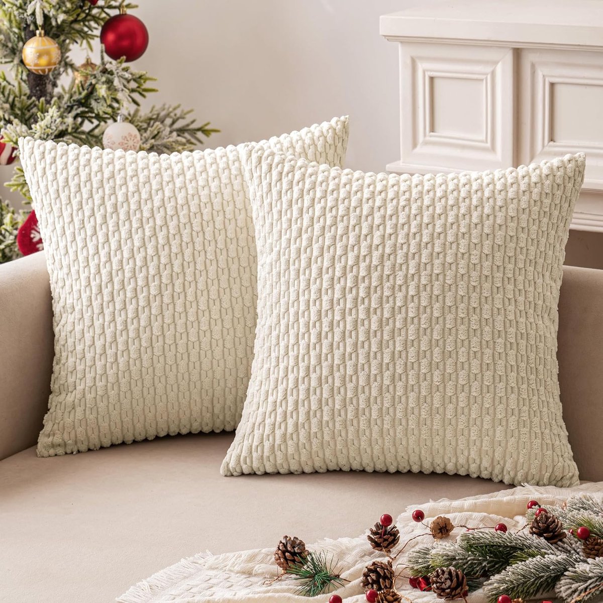 Famanu Fluwelen kussenhoezen 50x50 cm beige set 2, decoratief zacht met onzichtbare rits, sierkussenhoezen voor stoel bank crème-wit