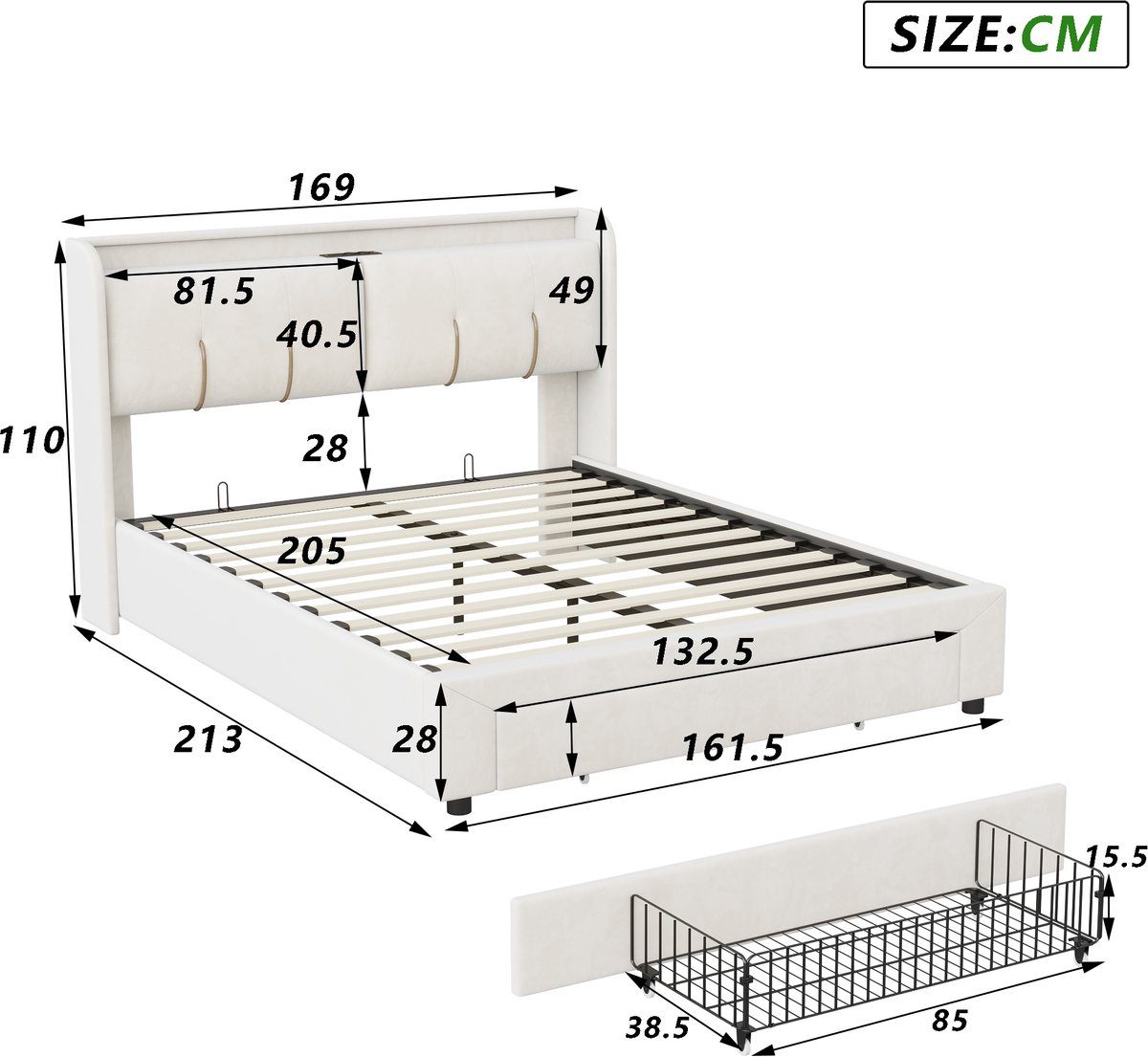 SHOPENTRA Opbergbed 160x200 cm beige fluweel met LED-hoofdbord, USB-oplaadpoort en hydraulische opbergruimte, modern gestoffeerd tweepersoonsbed thumbnail 2