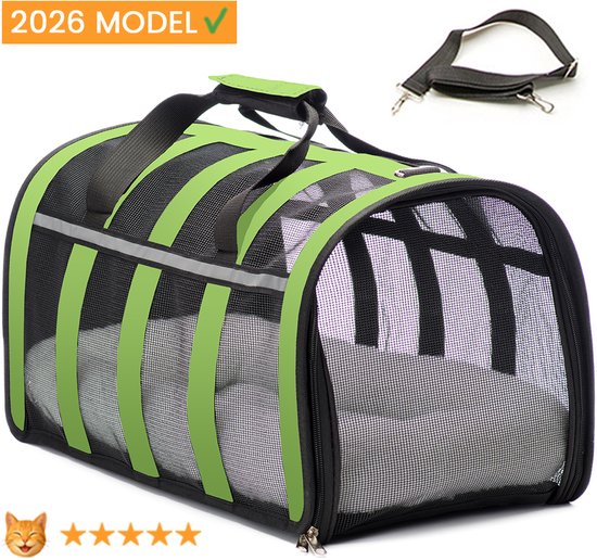 Katten reismand - 47x27x25cm - Reismand kat - Groen - Opvouwbaar met schouderband en comfortabele mat - Kattenmand - Extra stevig & veilig model