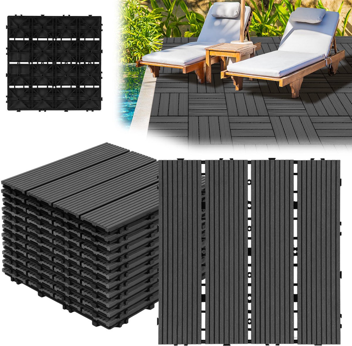 Terrastegels 8m² houten tegels 30x30 cm 88 stuks antraciet voor terras, balkon, houten terrastegels met kliksysteem
