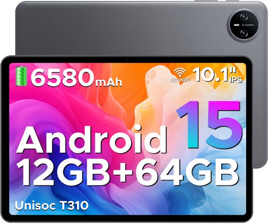 DOOGEE TAB A9 - Tablet - Android 15 - 12GB RAM + 64GB ROM（2TB/TF） - 10 Inch - 6580 mAh - 5G WiFi - Tablet Unisoc T310 - Dubbele Luidspreker - 3,5 mm aansluiting - Face ID - Grijs