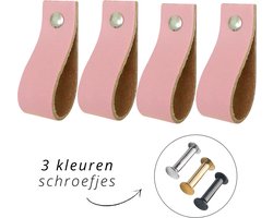 Handles and more - 4x Leren handgrepen - lusjes - Zacht Roze - S (15,8cm) - incl. 3 kleuren schroefjes (handgreepjes - leren greepjes - leren lusjes)
