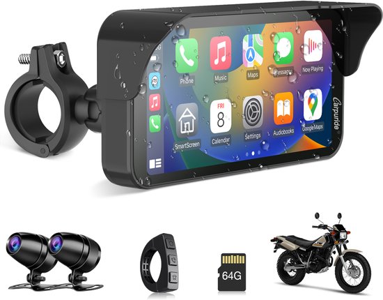 Carpuride 603D 6,3-inch CarPlay-scherm voor motorfietsen met 1080P HD dubbele camera's, draadloze CarPlay- en Android Auto-functionaliteit, bedraad bedieningssysteem, IPS-touchscreen