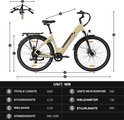Technische tekening van een beige elektrische fiets met afmetingen in millimeters.