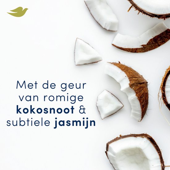 Vers gebroken kokosnoten met de tekst "Met de geur van romige kokosnoot & subtiele jasmijn".