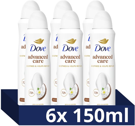 Zes Dove Advanced Care deodorant spuitbussen van 150 ml in een verpakking, met kokosnoot en jasmijn bloem illustratie.