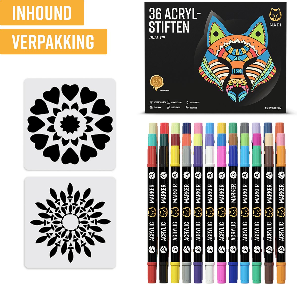 Napi Acrylstiften 36st - Brush en Fine Tip Twinmarkers - Verfstiften Happy Stones - Stenen Schilderen met Acryl Verf Marker Stiften - Volwassenen en Kinderen - Incl. 2 Mandala Sjablonen — afbeelding 10